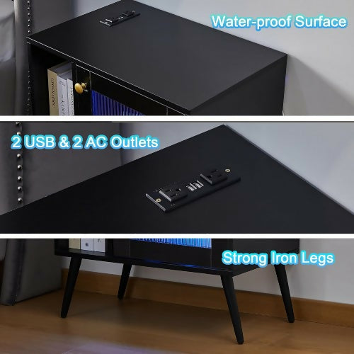 Nightstand with Drawer and Open Shelf, Smart Bedside Table with Charging Station, 16 LED Lights for Home, Bedroom, Living Room