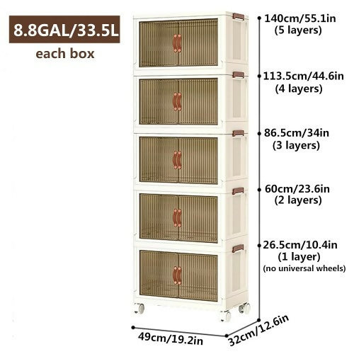 5 Tier Stackable Storage Shelf, Collapsible Closet Organizer Transparent Storage Boxes with Wheels for Home, Kitchen, Bedroom, Closet - 9015