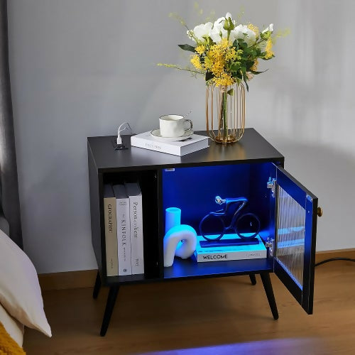 Nightstand with Drawer and Open Shelf, Smart Bedside Table with Charging Station, 16 LED Lights for Home, Bedroom, Living Room