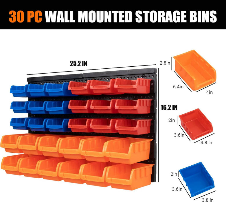 30PC Wall Mounted Storage Bins Parts Rack