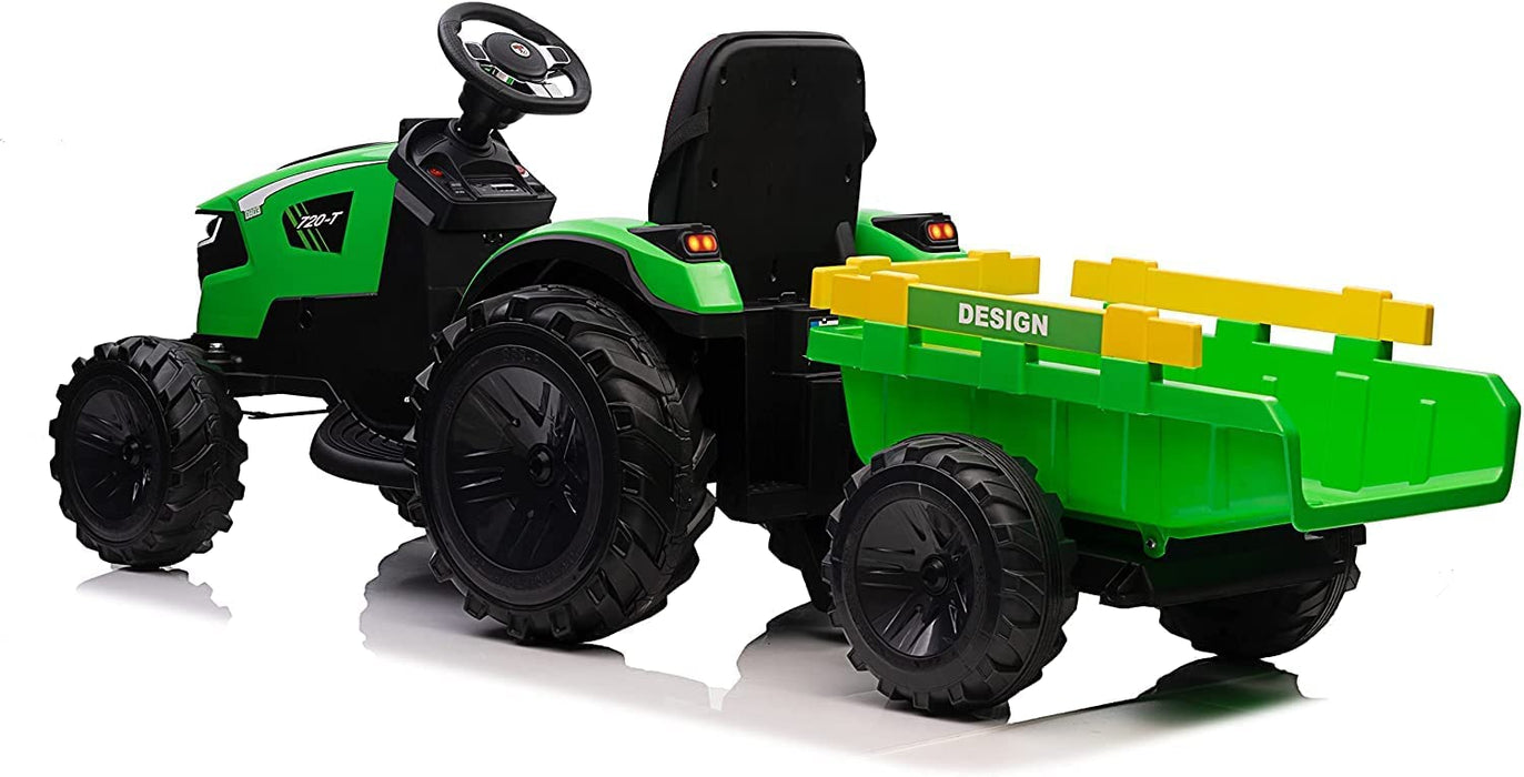 Voltz Toys 12V Realistic Farm Tractor Agricultural Vehicle ride on car with Tipper Trailer and Rubber Tires