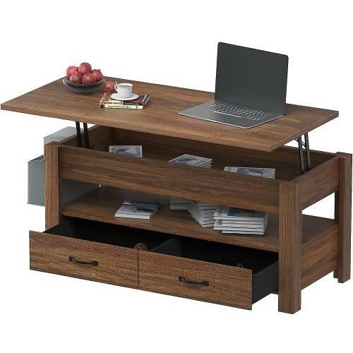 Lift Top Coffee Table with 2 Storage Drawers, Hidden Compartment, Side Pouch, Open Storage Shelf for Home, Living Room