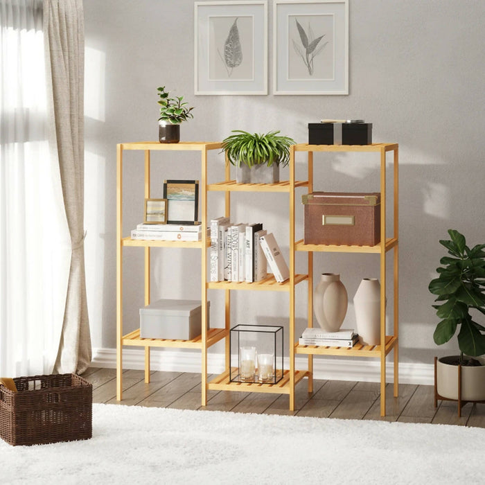 9-Tier Bamboo Plant Stand, Flower Shelf, Utility Slatted Shelving Unit for Living Room, Balcony, Hallway, Bathroom, Natural