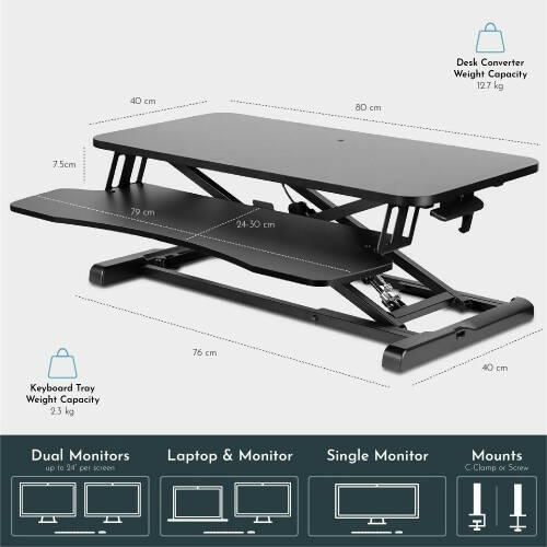 80cm Desk Converter, Height Adjustable Sit-Stand Riser, Dual Monitor Laptop Workstation with Wide Keyboard Tray for Home, Office