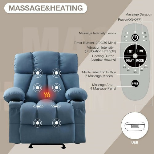 Massage Recliner Chair with Heat and Vibration, Ergonomic Rocking Lounge Chair with 4 Side Pockets, 2 Cup Holders, USB Charging Port