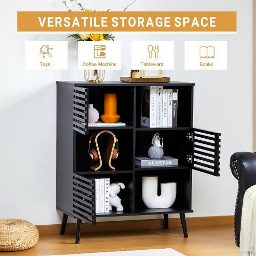 Storage Cabinet, Buffet Sideboard Wood Cabinet with 3 Hollow Doors, Open Storage Shelves for Home, Living Room, Bedroom, Office