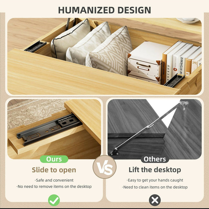 升降茶几 液壓升降枱面・隱藏收納・立體木紋設計｜Lift Top Coffee Table Hydraulic Lift Mechanism, Hidden Storage Compartment, Sliding Top Rails, 3D Textured Wood Design Modern Living Room Table 41.7”