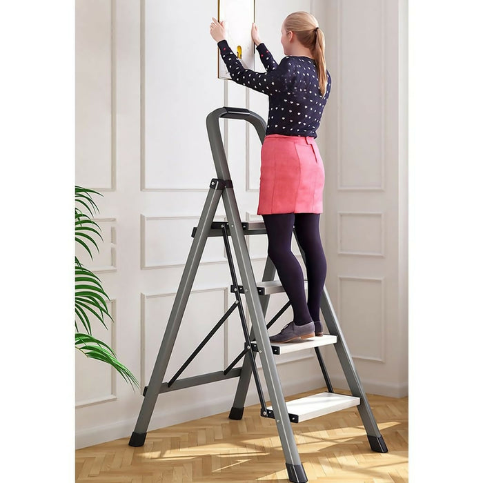 5-Step Folding Step Ladder with Handrails, Wide Anti-Slip Pedals, Carbon Steel Frame, Portable Heavy-Duty Stepladder for Kitchen, Closet, Garage & Home Organization, Gray, Model TH5STEP