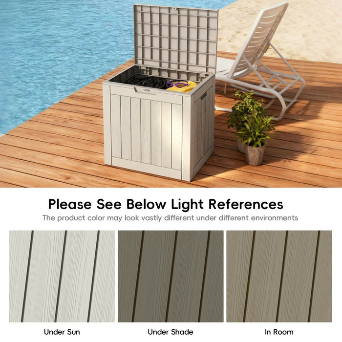 Outdoor Storage Box, Waterproof Resin Deck Storage Chest with Lockable Lid, Wood-Grain Look, Built-In Handles, All-Weather Patio Garden Pool Cushion Storage (Grey)