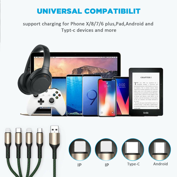 Multi Charging Cable, Bismdky 2Pack 4FT Nylon Braided Universal 4 in 1 Multiple USB Cable 3A Charging ，with Dual Phone/USB-C/Micro-USB Port Adapter Connectors for Cell Phones Tablets and More