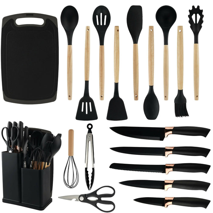 19-Piece Kitchen Utensil & Knife Set – Silicone Cooking Tools (11PCS) with 5 Knives, Scissors & Cutting Board, Heat-Resistant Non-Stick Cookware Set
