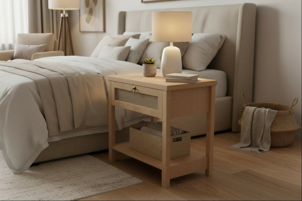 27" Rattan Nightstand with Built-in Charging Station – Modern Boho End Table with Drawer & Open Shelf