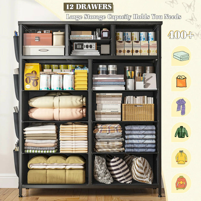 12-Drawer Dresser with Side Storage Pockets, Tall Chest of Drawers for Bedroom, Closet & Living Room, Fabric Dresser Organizer with Wood Top, Metal Frame – Large Capacity Storage Cabinet