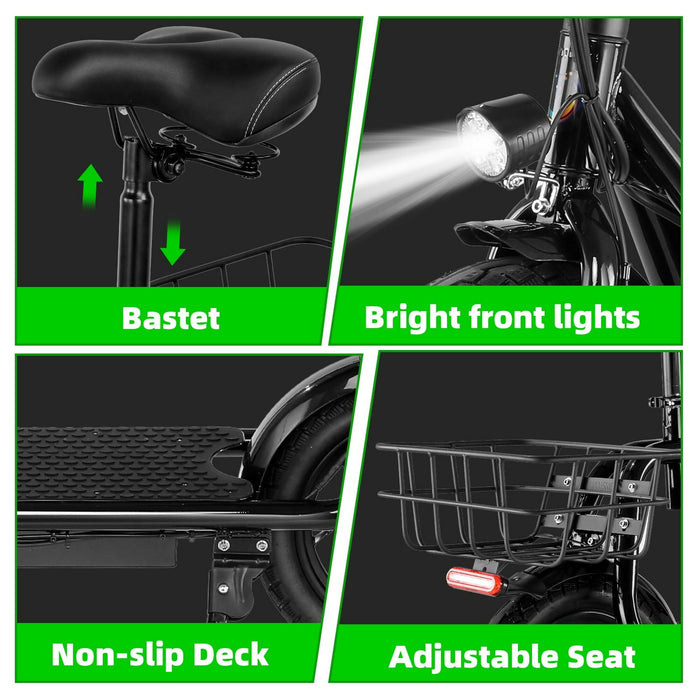 Adult Electric Scooter with Seat, 750W Motor, 14-Inch Pneumatic Tires, Foldable Handlebar, Rear Basket, Front & Rear Disc Brakes, LED Lights, LCD Display, Black Commuter E-Scooter Model P1402