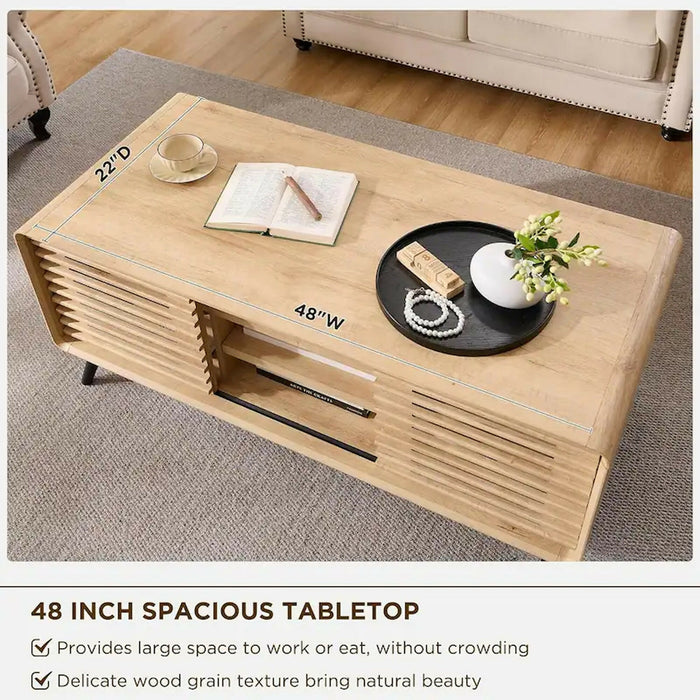 Lift Top Coffee Table, 48 Inch Mid Century Modern Coffee Table with Hidden Storage, Sliding Slatted Doors, Open Shelves, Rounded Edges, Wood Grain Finish for Living Room