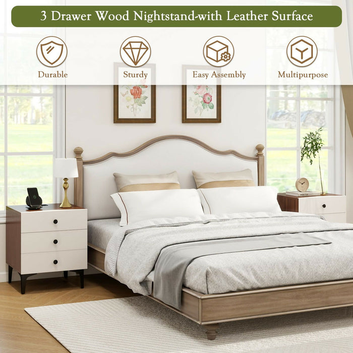 Nightstand with Charging Station, 3 Drawer Wood Bedside Table with Leather-Style Fronts, AC Outlet + USB + Type-C, Modern End Table for Bedroom Living Room Apartment