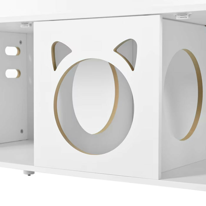 Cat Litter Box Enclosure Furniture, Wood Cat Cabinet Side Table with Sisal Scratcher Doors, Hidden Cat Washroom House with Storage Top and Cat Entry, Cream White, Modern Indoor Use