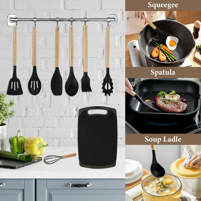 19-Piece Kitchen Utensil & Knife Set – Silicone Cooking Tools (11PCS) with 5 Knives, Scissors & Cutting Board, Heat-Resistant Non-Stick Cookware Set