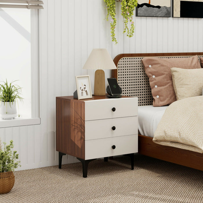Nightstand with Charging Station, 3 Drawer Wood Bedside Table with Leather-Style Fronts, AC Outlet + USB + Type-C, Modern End Table for Bedroom Living Room Apartment