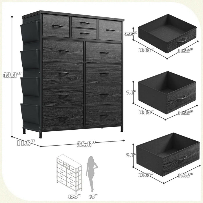 12-Drawer Dresser with Side Storage Pockets, Tall Chest of Drawers for Bedroom, Closet & Living Room, Fabric Dresser Organizer with Wood Top, Metal Frame – Large Capacity Storage Cabinet