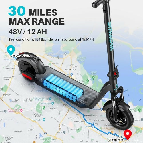 500W 折疊電動滑板車，帶智慧 APP，10 吋輪胎，前懸吊，續航里程 48 公里，速度高達 30 公里/小時，最大負載 264 磅