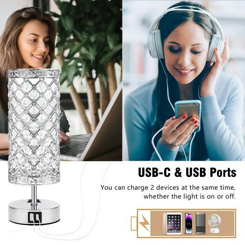 Crystal Touch Control Table Lamp, Decorative Modern Nightstand Lamp with 3-Way Dimmable, USB-C+A Ports for Home, Bedroom, Living Room (2 Set)