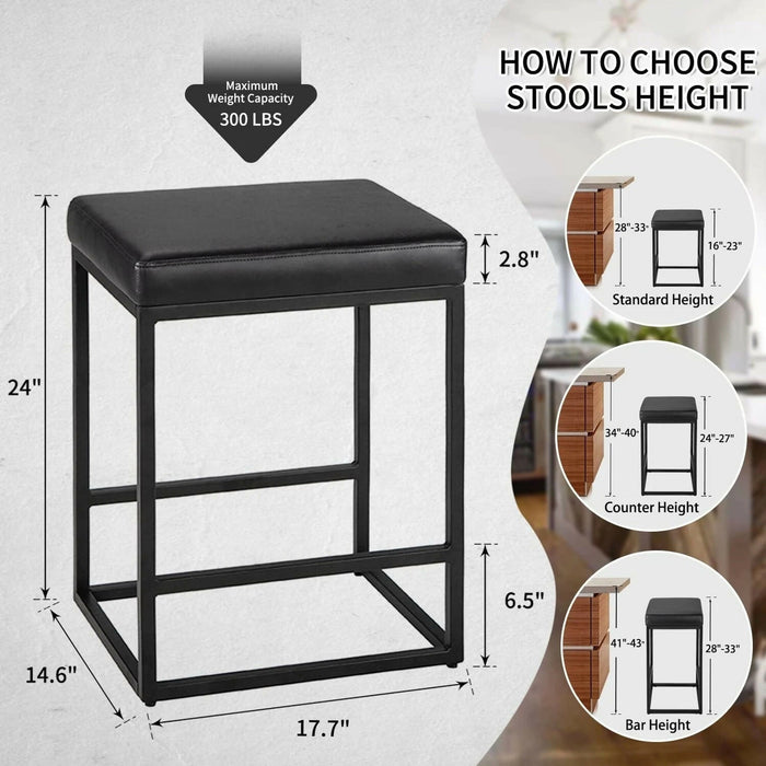 2PCS Square Bar Stool Set with PU Leather Cushion 24"Counter & Bar Height Heavy-Duty Metal Frame, Footrest, Non-Slip Feet for Kitchen Island, Bar, Dining