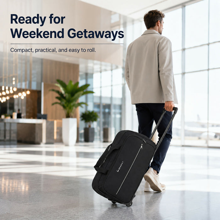 Rolling Duffel Bag, Compact Travel Bag with Wheels, Telescopic Pull Handle, Front Zip Pocket, Dual Carry Handles, 53 x 33 x 22 cm, Black Soft-Sided Weekender Luggage for Short Trips