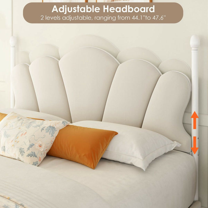 Velvet Upholstered Full-Size Bed Frame with 4 Storage Drawers, Cloud-Shaped Headboard, Sturdy Metal Slat Support, No Box Spring Required, Beige