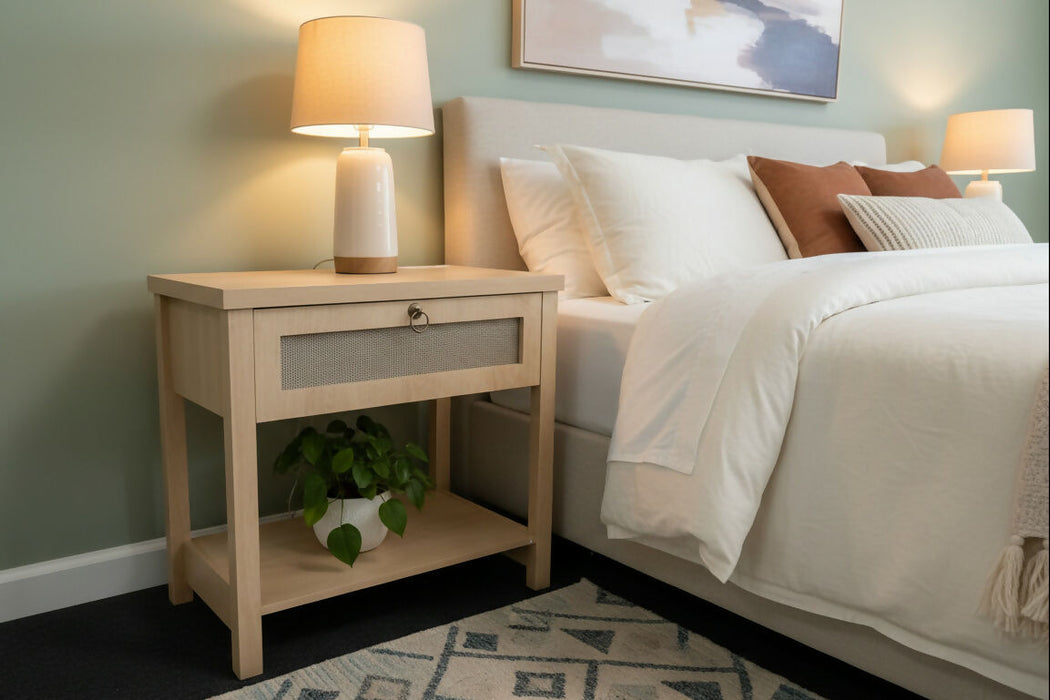 27" Rattan Nightstand with Built-in Charging Station – Modern Boho End Table with Drawer & Open Shelf