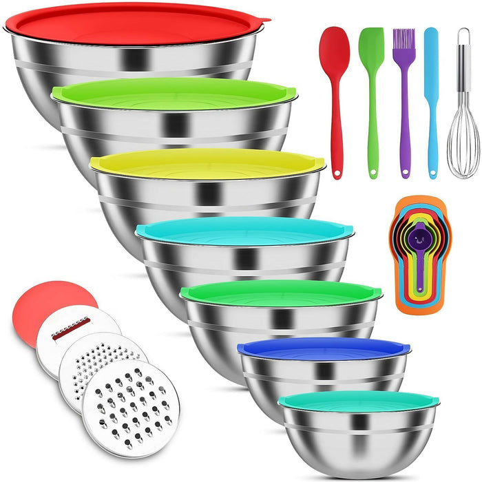 7 PCS Stainless Steel Mixing Bowl Set, Multifunctional Stacking Mixing Bowls with Lids and Accessories for Home, Kitchen, Cooking