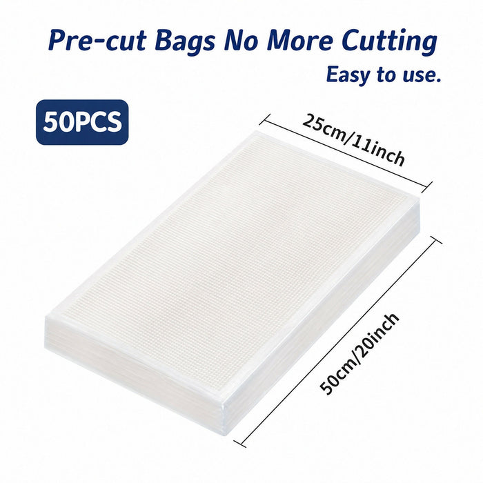 Vacuum Sealer Bags 50 Pack Pre-Cut Food Storage Pouches, Textured One-Side Design, Easy Tear, Compatible with Vacuum Sealer Machines 25 x 50 cm Kitchen Use