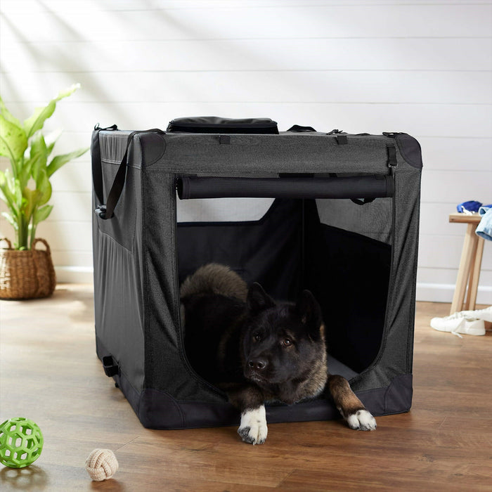 Soft Sided Dog Crate, Large Folding Portable Pet Kennel with Mesh Ventilation, Fleece Bed, Carry Handles & Storage Pouch, Black Travel Crate for Dogs, 107 x 79 x 78 cm