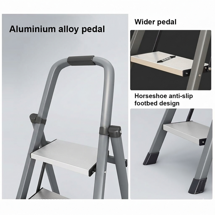6-Step Folding Step Ladder with Handrail, Wide Anti-Slip Pedals, Space-Saving Foldable Design, Stable Triangular Frame, Carbon Steel Home Ladder for Kitchen, Closet, Office, Grey
