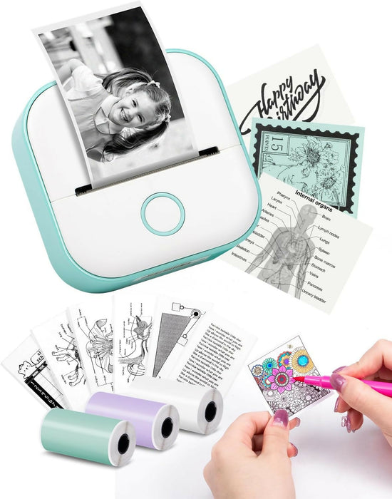 迷你印表機 - T02 便攜式小型印表機，附 3 捲紙，貼圖印表機，用於學習、筆記、圖片、照片、日記、DIY、收據、相容手機和平板電腦、綠色