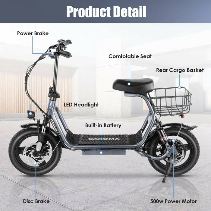 Adult Electric Scooter with Seat, 750W Motor, 14-Inch Pneumatic Tires, Front & Rear Disc Brakes, LCD Display, LED Headlight, Rear Basket, Folding Electric Scooter for Commuting, Gray and white Model HBCP1401