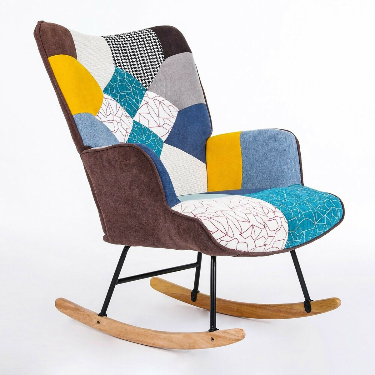 Patchwork Wingback Rocking Chair Solid Wood Nursery Glider — singclub