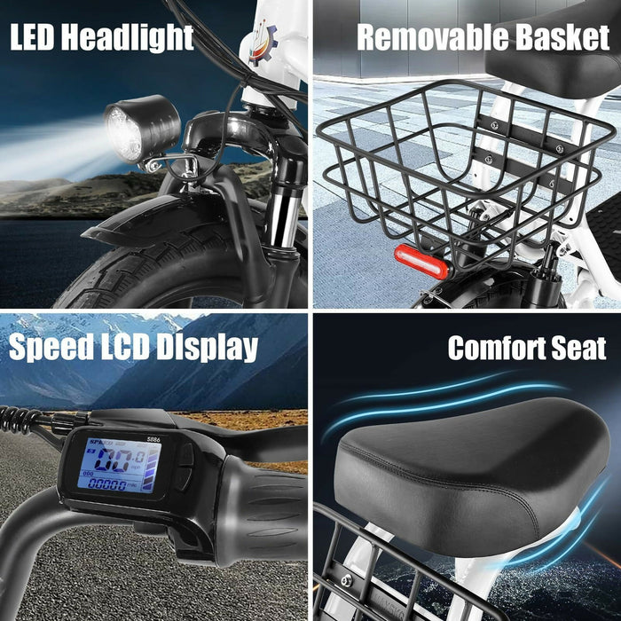Adult Electric Scooter with Seat, 750W Motor, 14-Inch Pneumatic Tires, Front & Rear Disc Brakes, LCD Display, LED Headlight, Rear Basket, Folding Electric Scooter for Commuting, Gray and white Model HBCP1401
