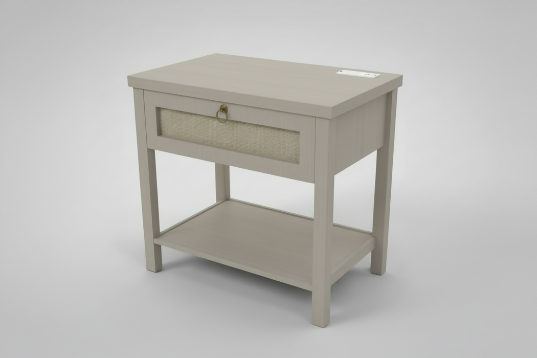 27" Rattan Nightstand with Built-in Charging Station – Modern Boho End Table with Drawer & Open Shelf