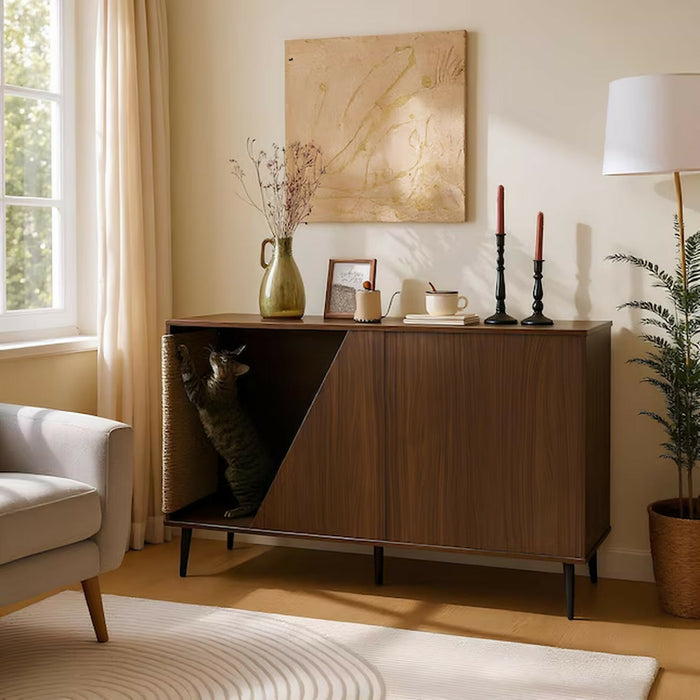 Cat Litter Box Enclosure Furniture, Modern Walnut Cat House Cabinet with Sisal Scratcher, Hidden Cat Washroom Side Table with Storage Door