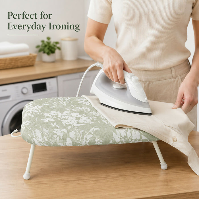 Tabletop Ironing Board with Foldable Legs & Hanging Hook Floral Padded Mini Ironing Board, 60 x 36 x 19 cm Compact Ironing Surface for Small Spaces, Dorms & Quick Touch-Ups