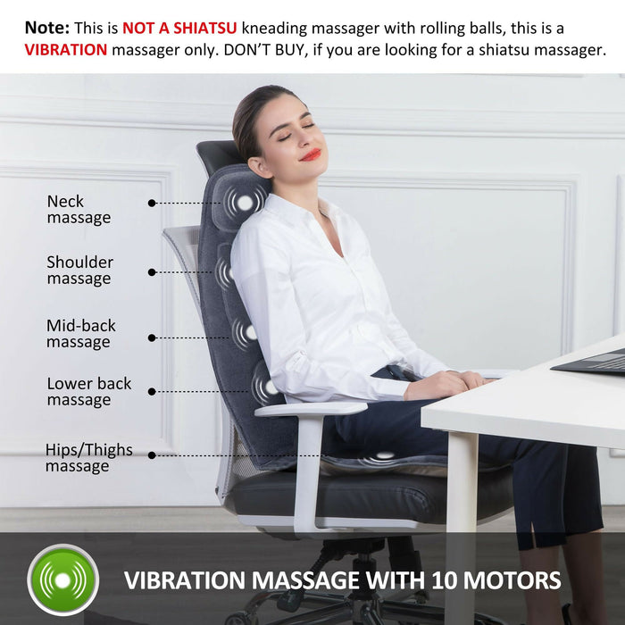 Massage Seat Cushion with Heat Vibration Back Massage Chair Pad with 10 Motors, Memory Foam Support, 2 Heat Levels, Remote Control for Home, Office & Sofa