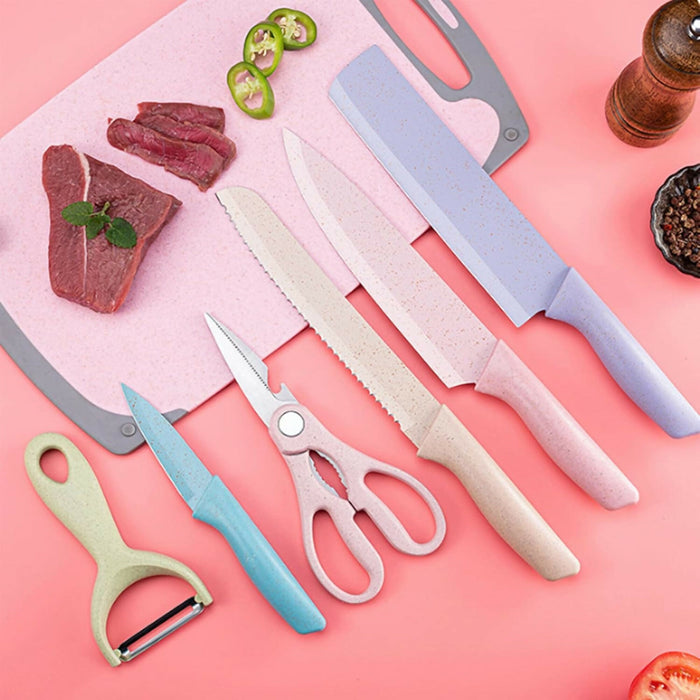 6-Piece Colorful Kitchen Knife Set with Scissors & Peeler Cleaver, Chef, Bread & Paring Knife High-Grade Stainless Steel Blades Ergonomic Handles Cooking, Meal Prep, Home Kitchen