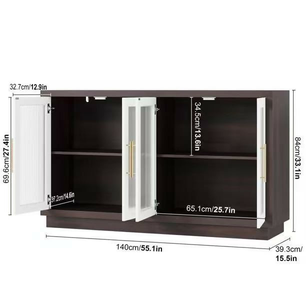 Wooden 55.1"W Modern Sideboard Buffet with Fluted Glass Doors, Accent Cabinet Console Table TV Stand, Brown & White