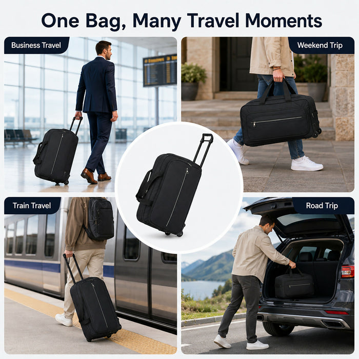 Rolling Duffel Bag, Compact Travel Bag with Wheels, Telescopic Pull Handle, Front Zip Pocket, Dual Carry Handles, 53 x 33 x 22 cm, Black Soft-Sided Weekender Luggage for Short Trips