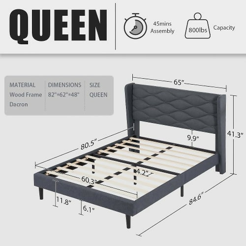 HOTOO Upholstered Platform Bed Frame, King Size Bed with Wood Frame, Linen Fabric Headboard, No Box Spring Required