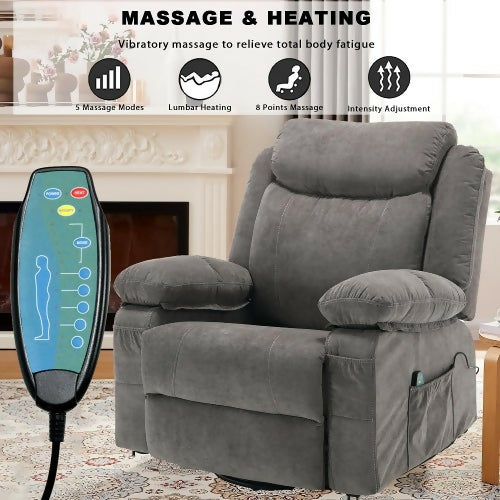 Massage Recliner Chair, 360° Swivel Rocker Reclining Chair with Massage and Heat Function for Home, Living Room (Grey)