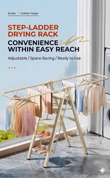 Step Ladder Drying Rack Foldable Height-Adjustable Clothes Drying Stand with Wide Non-Slip Steps 5-Step Laundry Ladder Rack Indoor Space-Saving Clothes Hanger Model LYJ5STEP