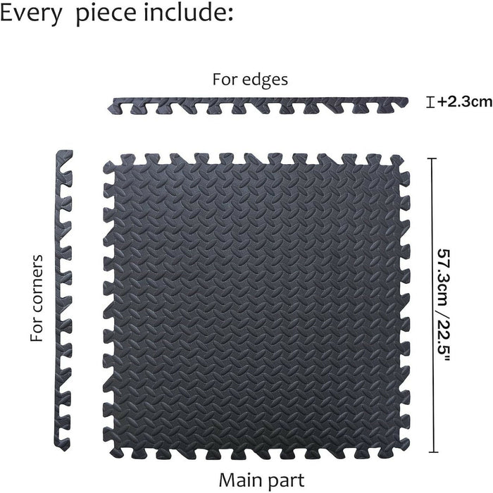 Interlocking Exercise Floor Mats 6-Piece EVA Foam Gym Flooring Tiles with Edge Borders, Textured Anti-Slip Surface, 57.3 cm Black Puzzle Mat for Home Gym & Workout Areas