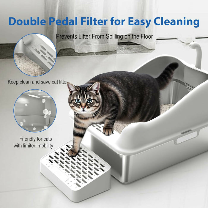 Extra Large Cat Litter Box for Big Cats, 25L Stainless Steel Litter Pan with High Sides, Non-Stick Odor-Free Surface, Step Pedal & Scoop Included – Grey